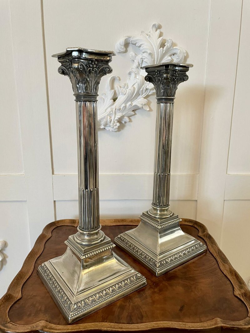 Antique Pair of Silver Plated Corinthian Candlesticks - Image 2